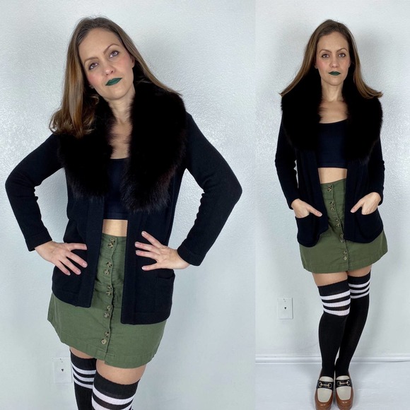 vintage 60s Black Real FOX Fur Collar CASHMERE CARDIGAN Medium real fur draped - Picture 7 of 10